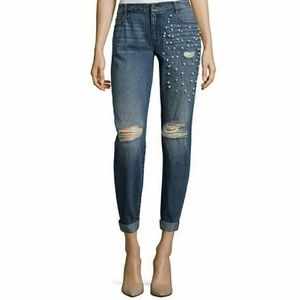 Project Runway Dark-Wash Pearl Embellished Distressed Straight-Leg Jeans